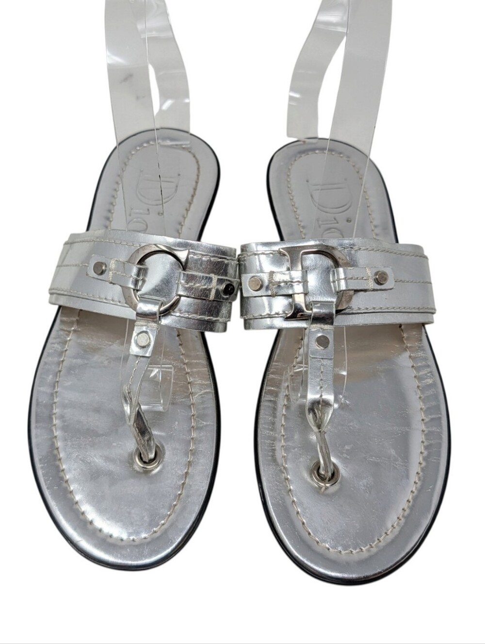 Dior Silver Metallic Logo Thong Sandals Size EU 38.5